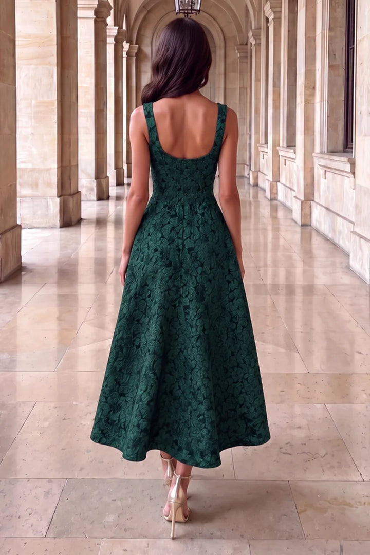 Darcy Green Jacquard Floral Square Neck Sleeveless Midi Dress With Pockets