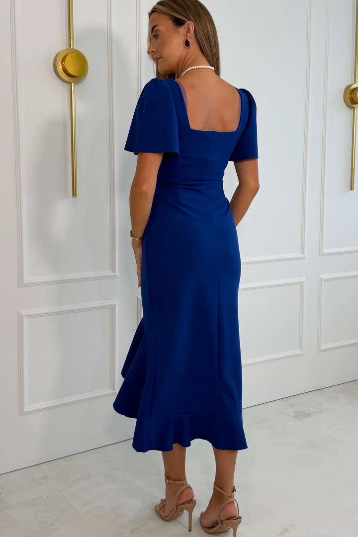Darcie Cobalt Flared Sleeve Frill Midi Dress