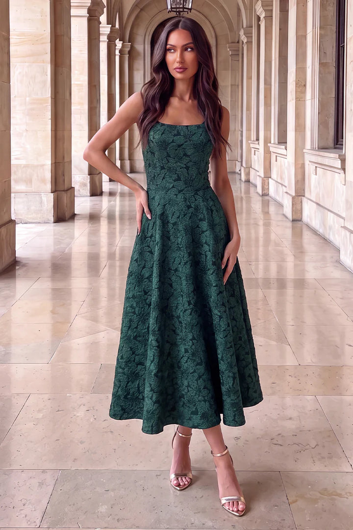Darcy Green Jacquard Floral Square Neck Sleeveless Midi Dress With Pockets