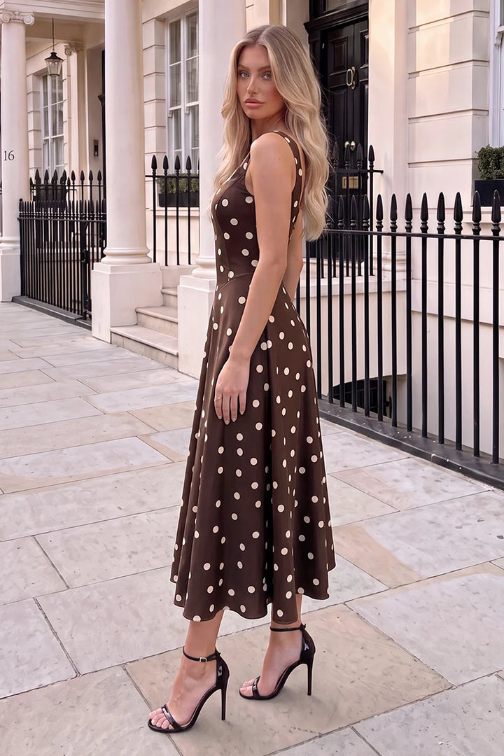 Darcy Brown Polka Dot Square Neck Sleeveless Midi Dress With Pockets