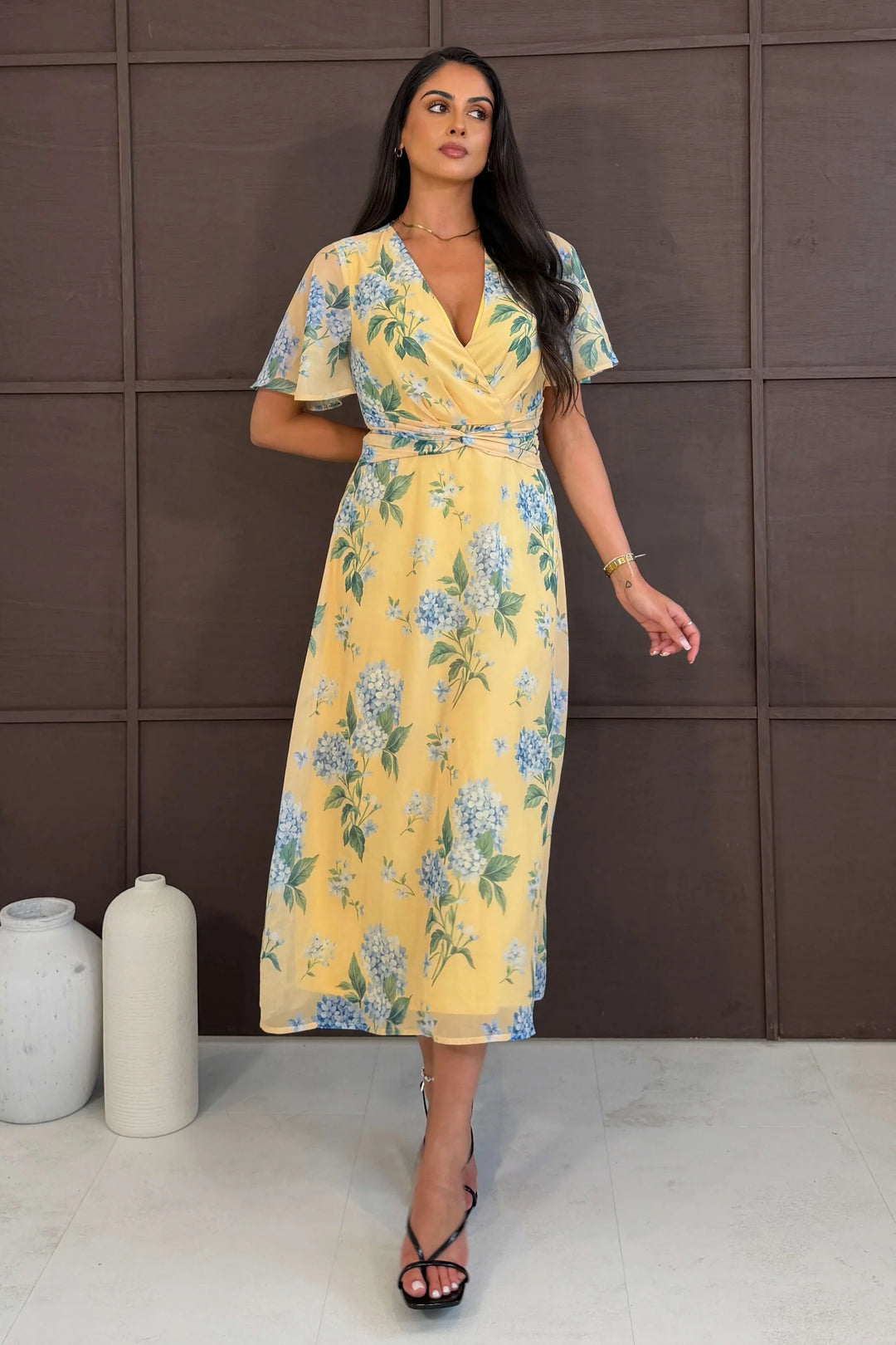 Daisy Yellow Floral Wrap Neck Twist Detail Short Sleeve Midi Dress
