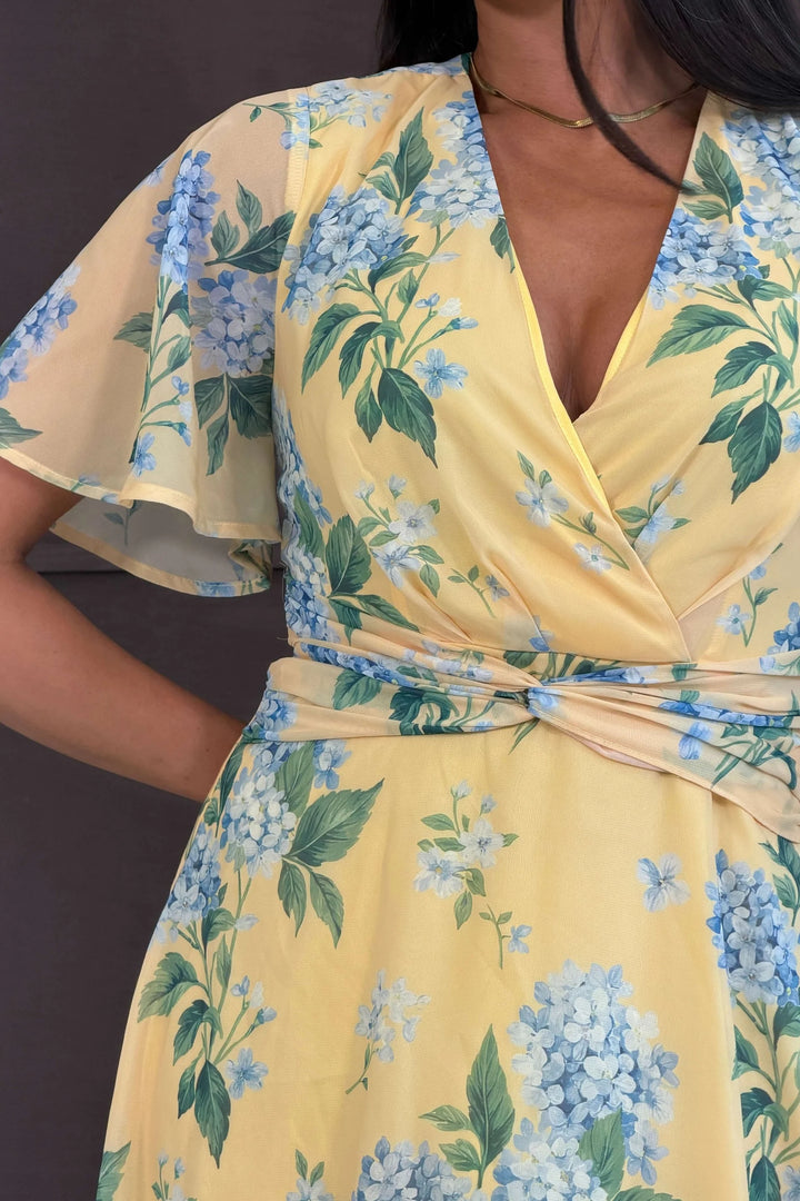 Daisy Yellow Floral Wrap Neck Twist Detail Short Sleeve Midi Dress