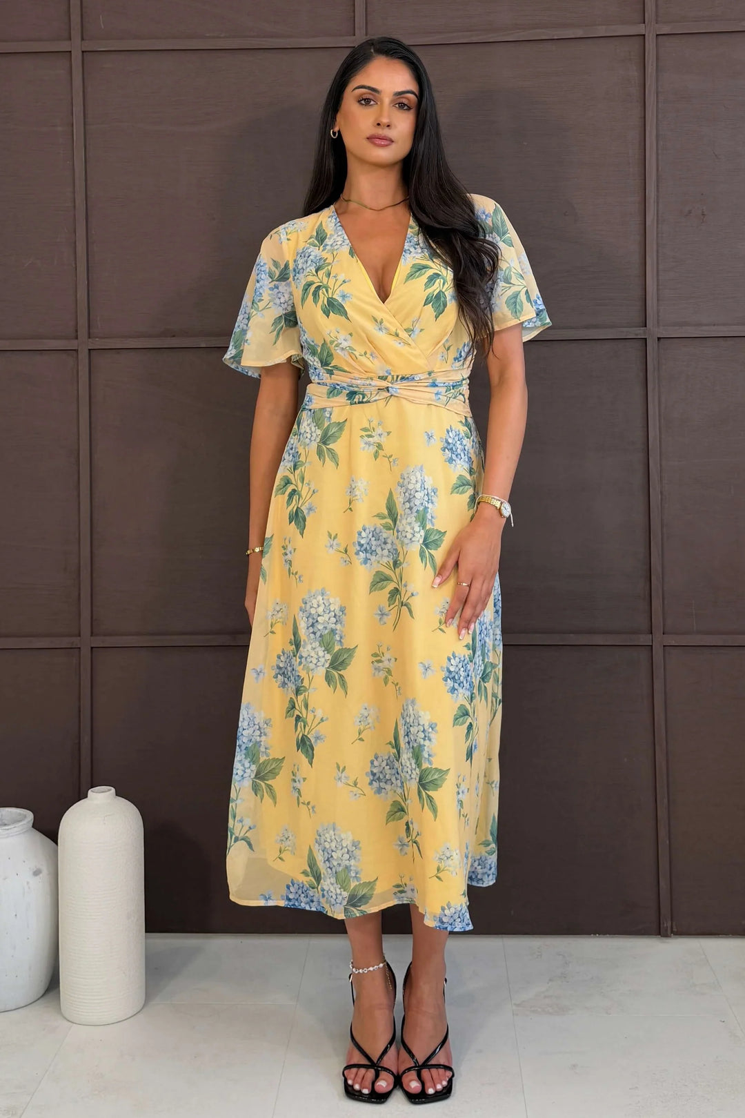 Daisy Yellow Floral Wrap Neck Twist Detail Short Sleeve Midi Dress