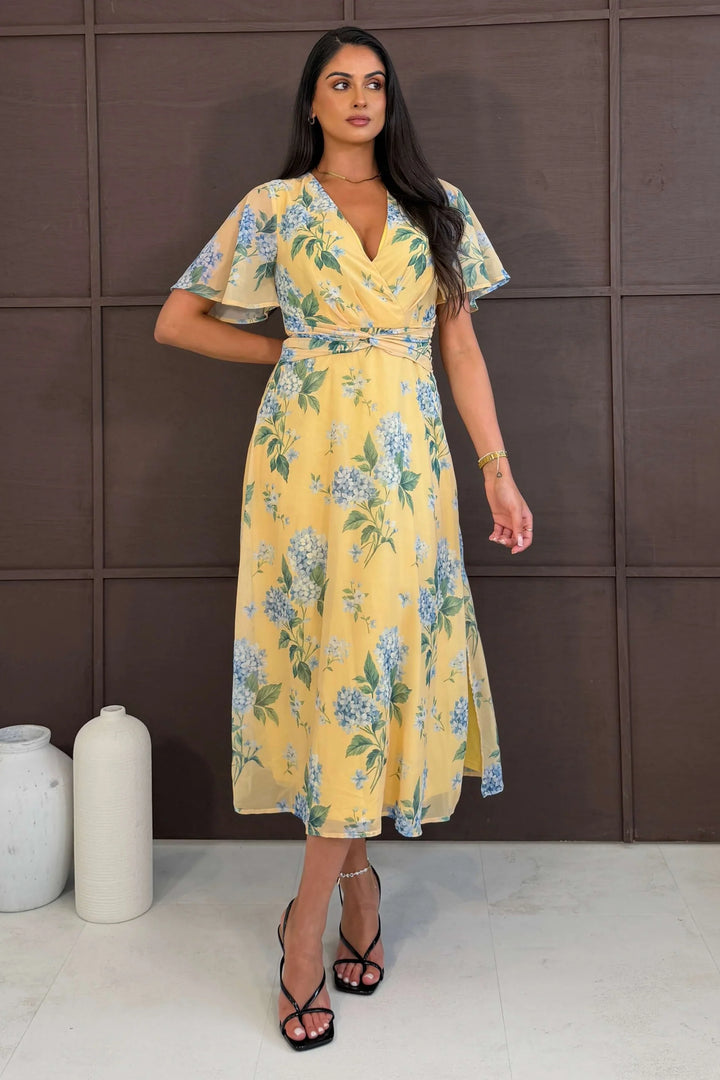 Daisy Yellow Floral Wrap Neck Twist Detail Short Sleeve Midi Dress