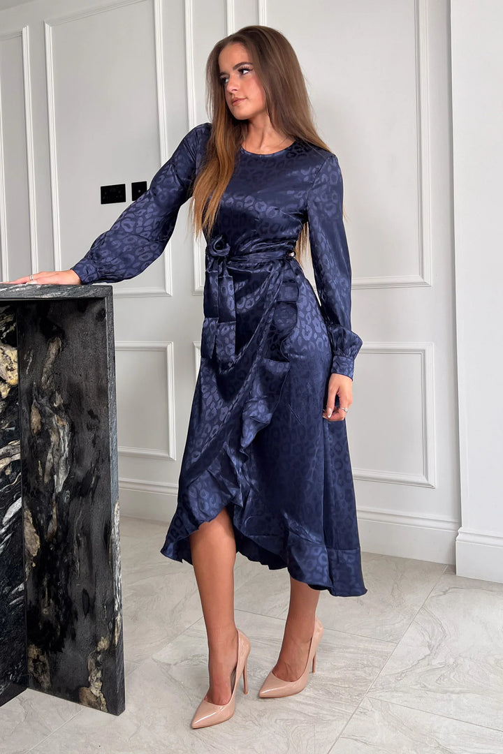 Danica Navy Leopard Frill Skirt Long Sleeve Midi Dress