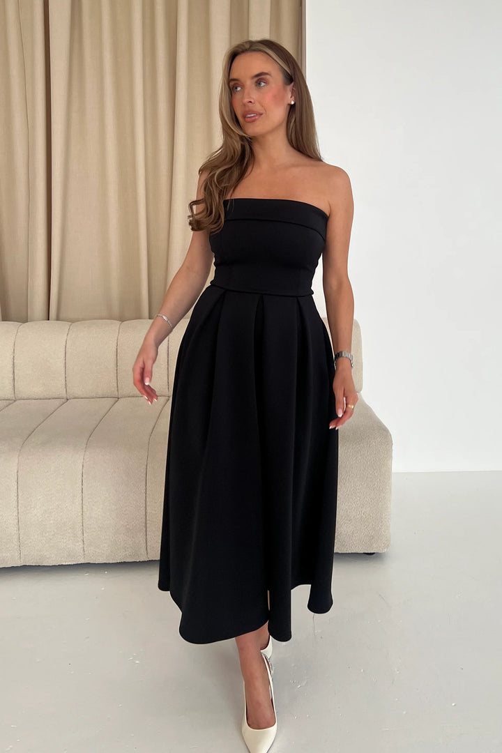 Danni Black Strapless Bandeau Midi Dress With Pockets