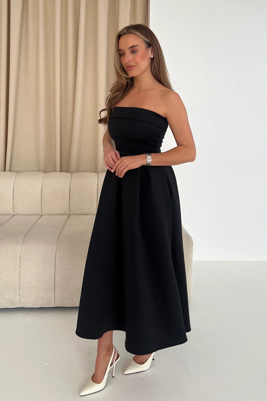 Danni Black Strapless Bandeau Midi Dress With Pockets