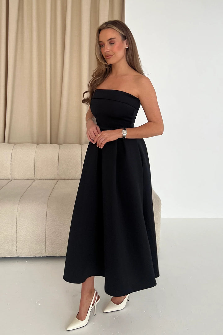 Danni Black Strapless Bandeau Midi Dress With Pockets