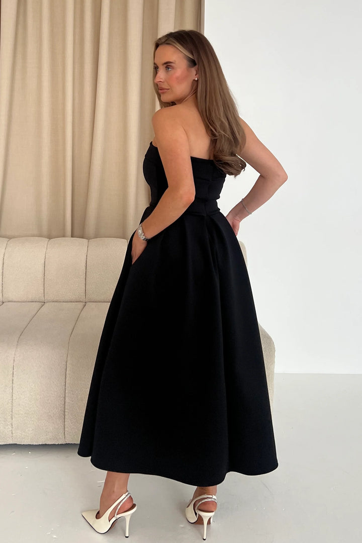 Danni Black Strapless Bandeau Midi Dress With Pockets