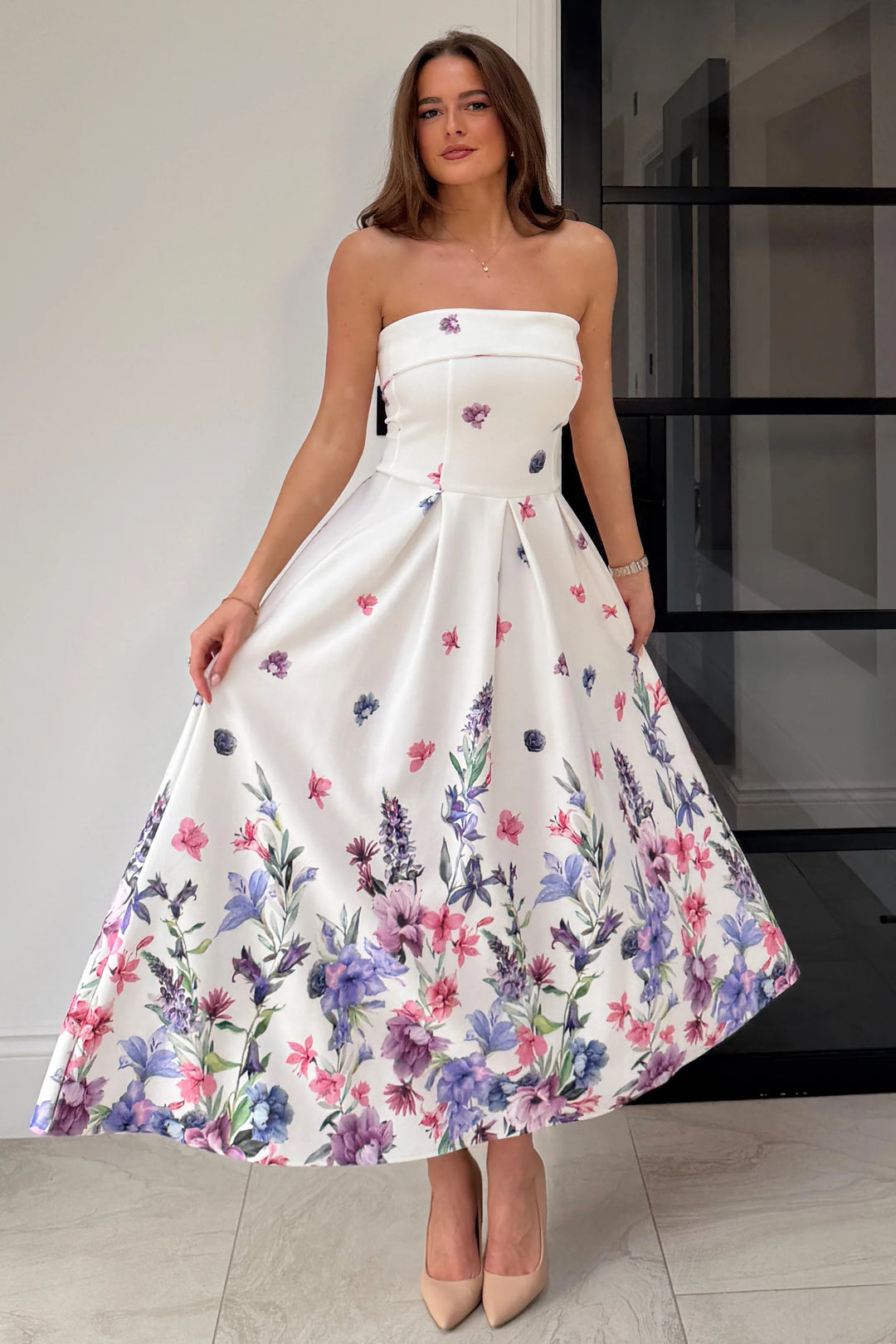 Danni Ivory Floral Strapless Bandeau Midi Dress With Pockets