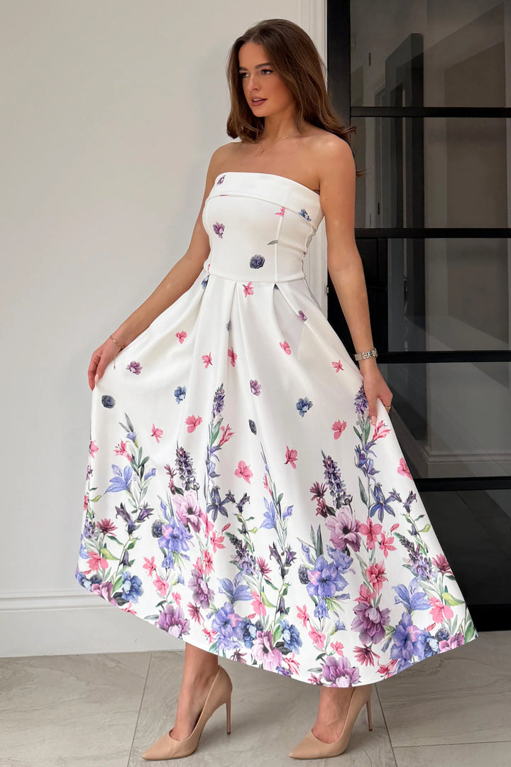 Danni Ivory Floral Strapless Bandeau Midi Dress With Pockets