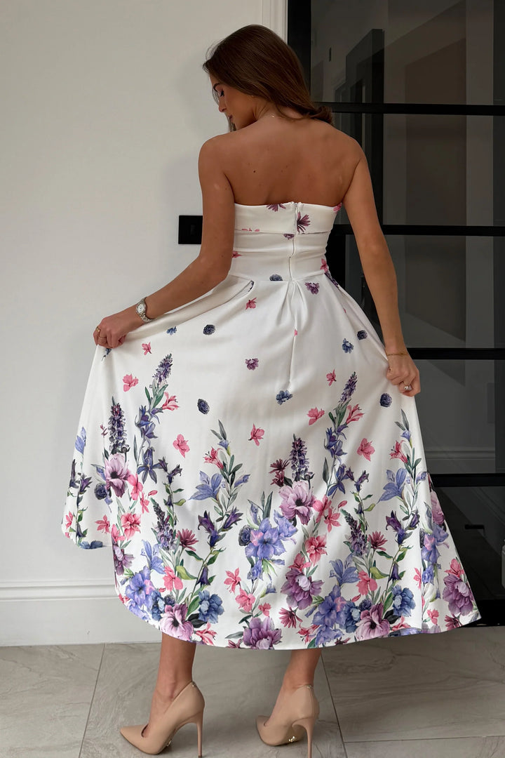 Danni Ivory Floral Strapless Bandeau Midi Dress With Pockets
