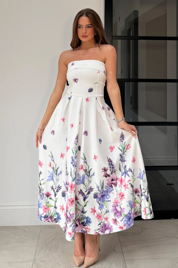 Danni Ivory Floral Strapless Bandeau Midi Dress With Pockets
