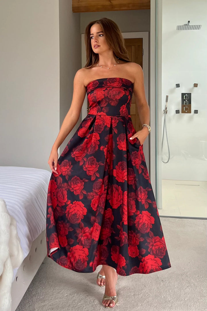 Danni Black & Red Floral Strapless Bandeau Midi Dress With Pockets