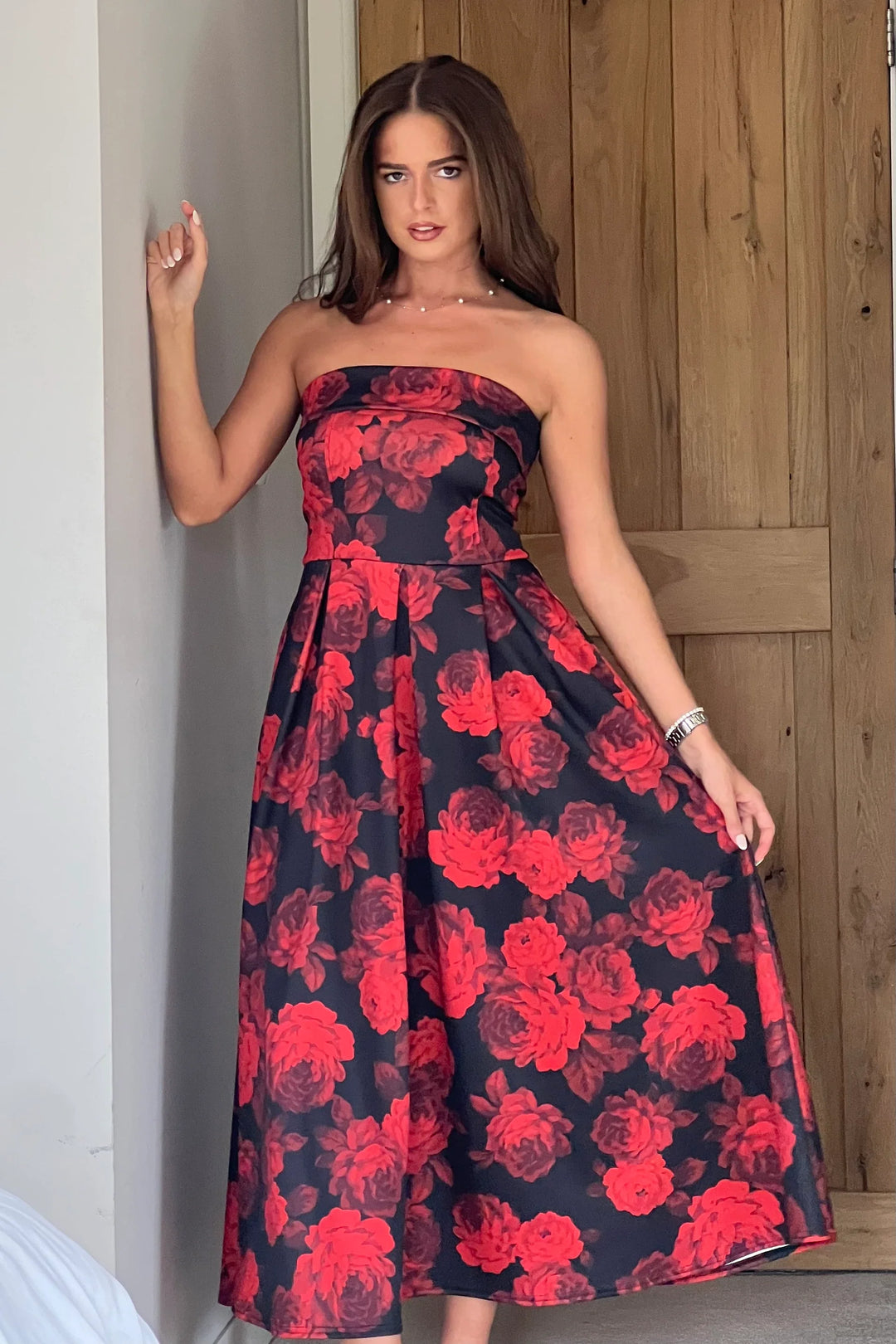 Danni Black & Red Floral Strapless Bandeau Midi Dress With Pockets