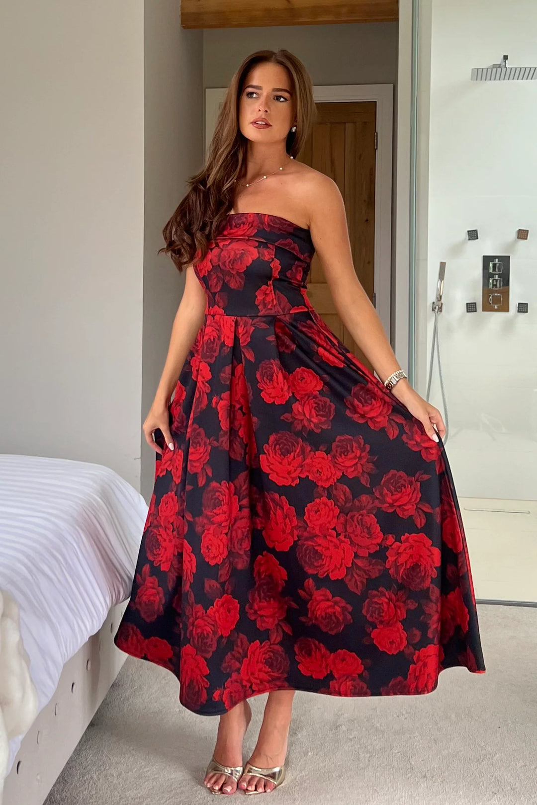 Danni Black & Red Floral Strapless Bandeau Midi Dress With Pockets