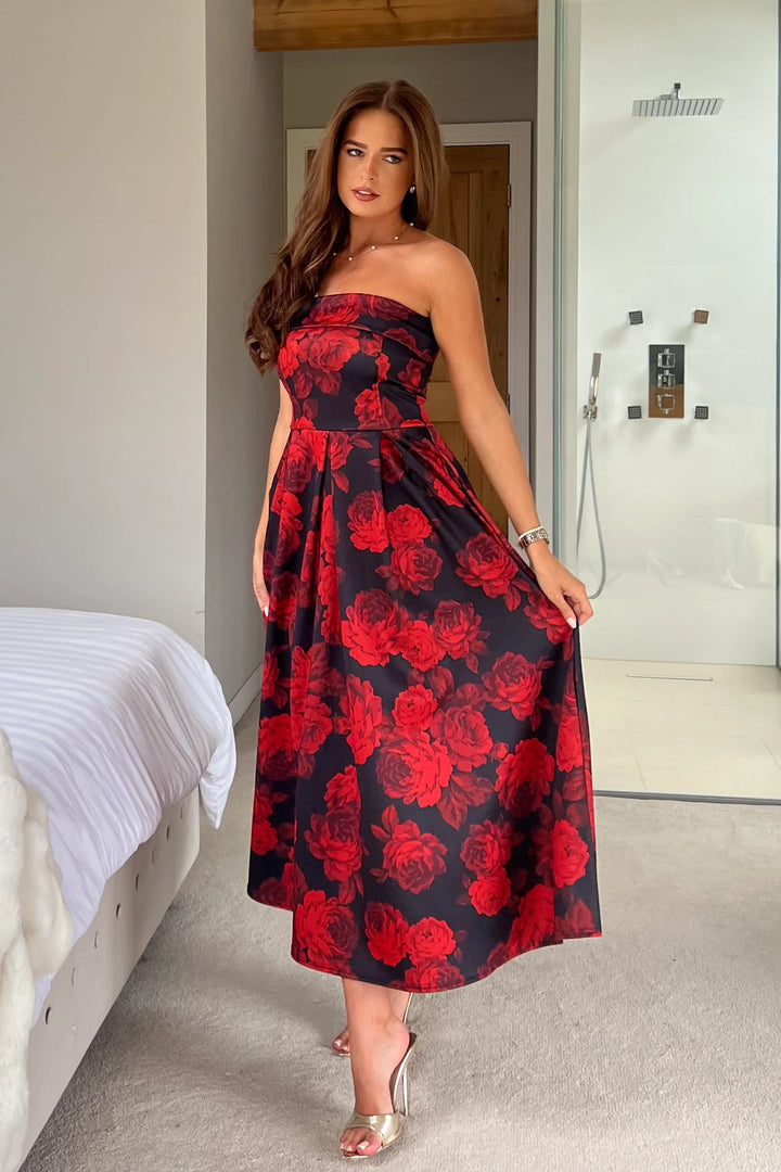 Danni Black & Red Floral Strapless Bandeau Midi Dress With Pockets
