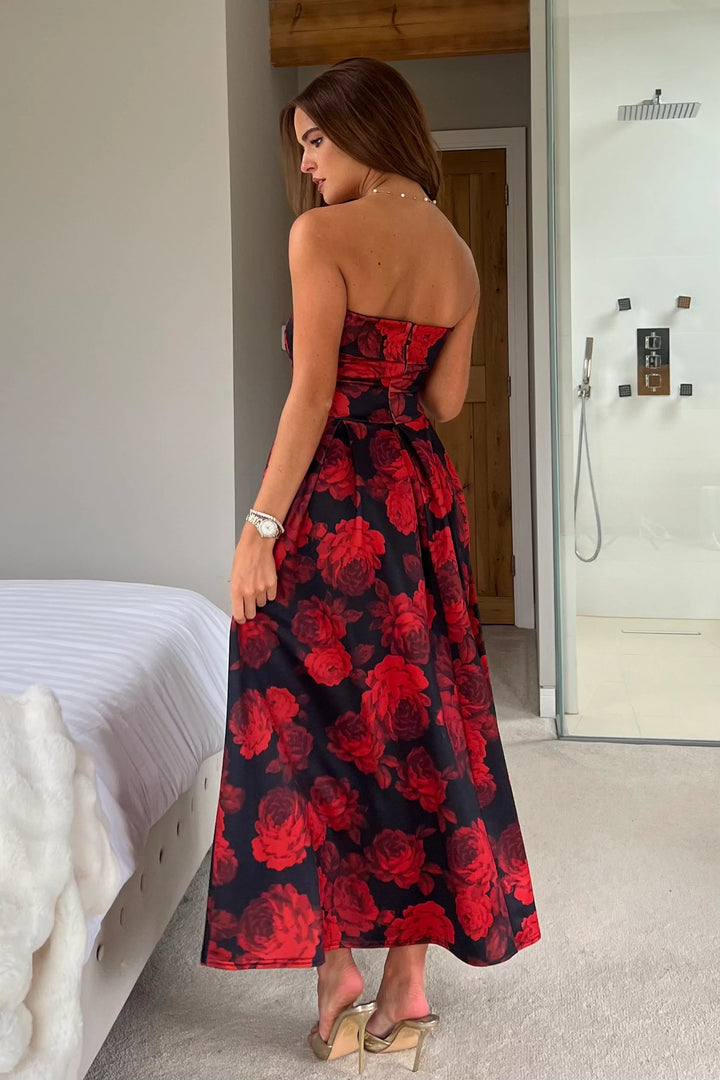 Danni Black & Red Floral Strapless Bandeau Midi Dress With Pockets