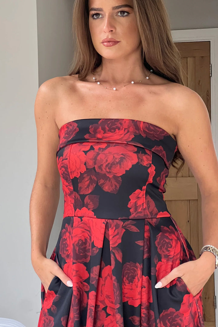 Danni Black & Red Floral Strapless Bandeau Midi Dress With Pockets