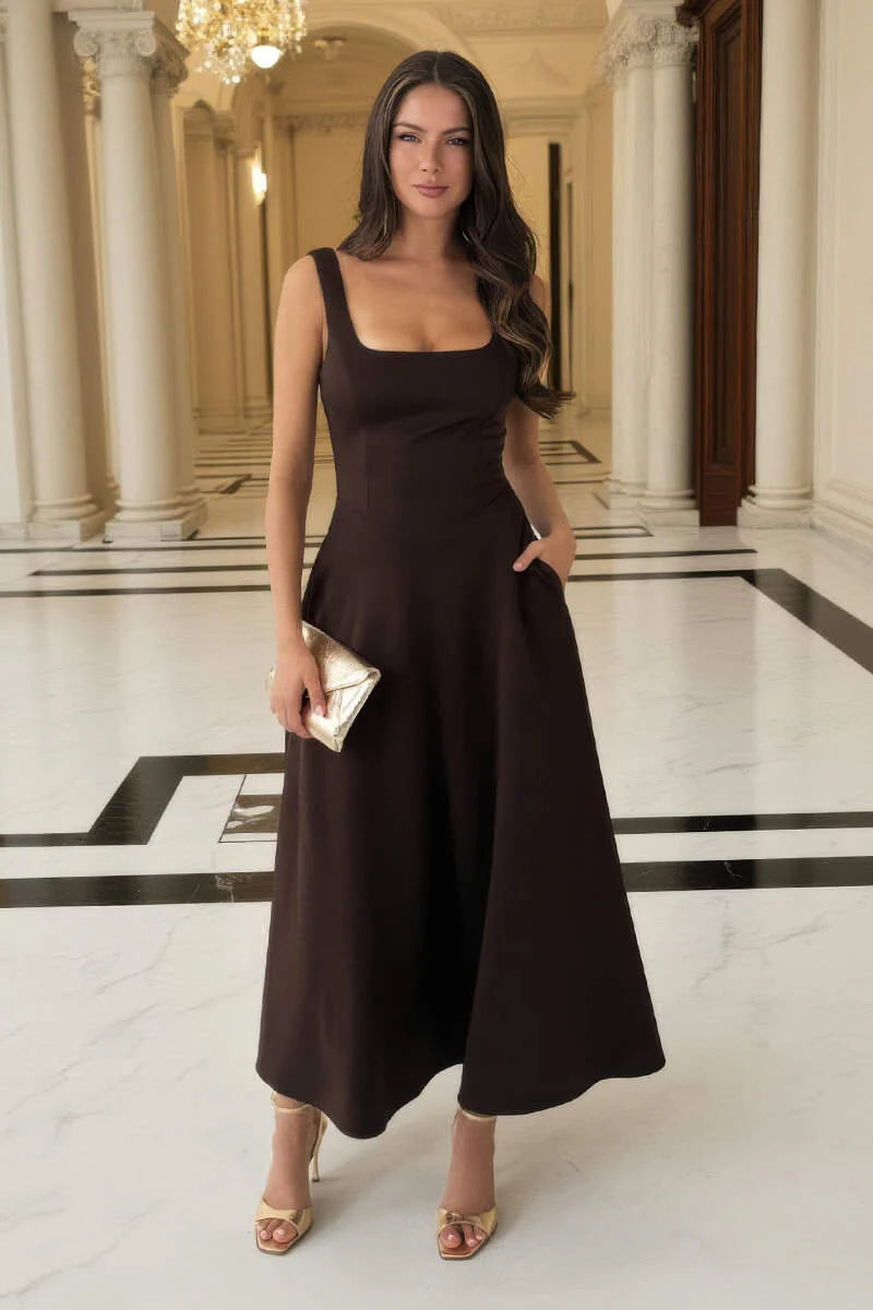 Darcy Chocolate Brown Square Neck Sleeveless Midi Dress With Pockets