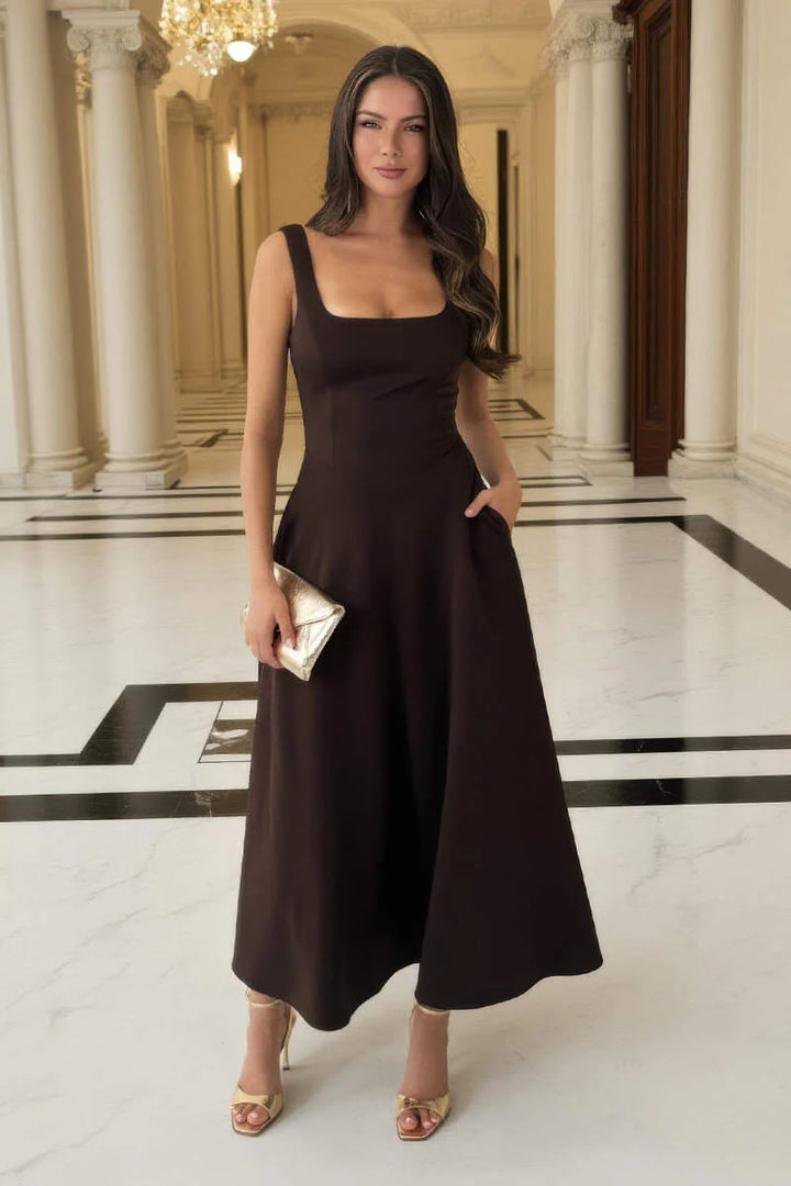 Darcy Chocolate Brown Square Neck Sleeveless Midi Dress With Pockets