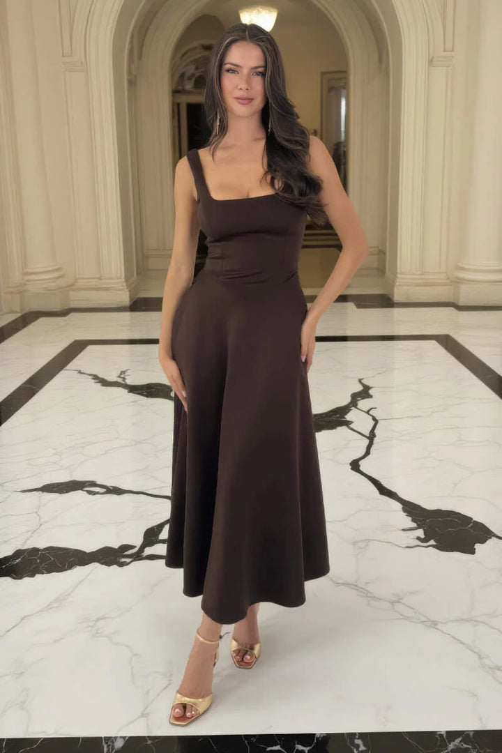 Darcy Chocolate Brown Square Neck Sleeveless Midi Dress With Pockets