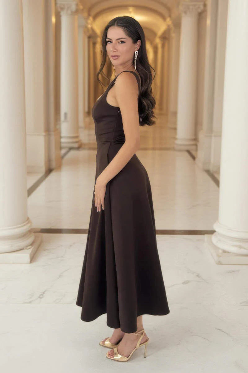 Darcy Chocolate Brown Square Neck Sleeveless Midi Dress With Pockets
