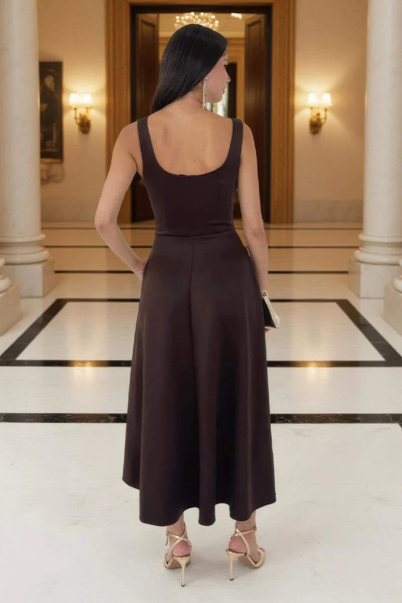 Darcy Chocolate Brown Square Neck Sleeveless Midi Dress With Pockets
