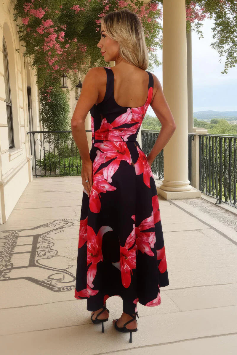 Darcy Black And Cerise Floral Print Square Neck Sleeveless Midi Dress With Pockets