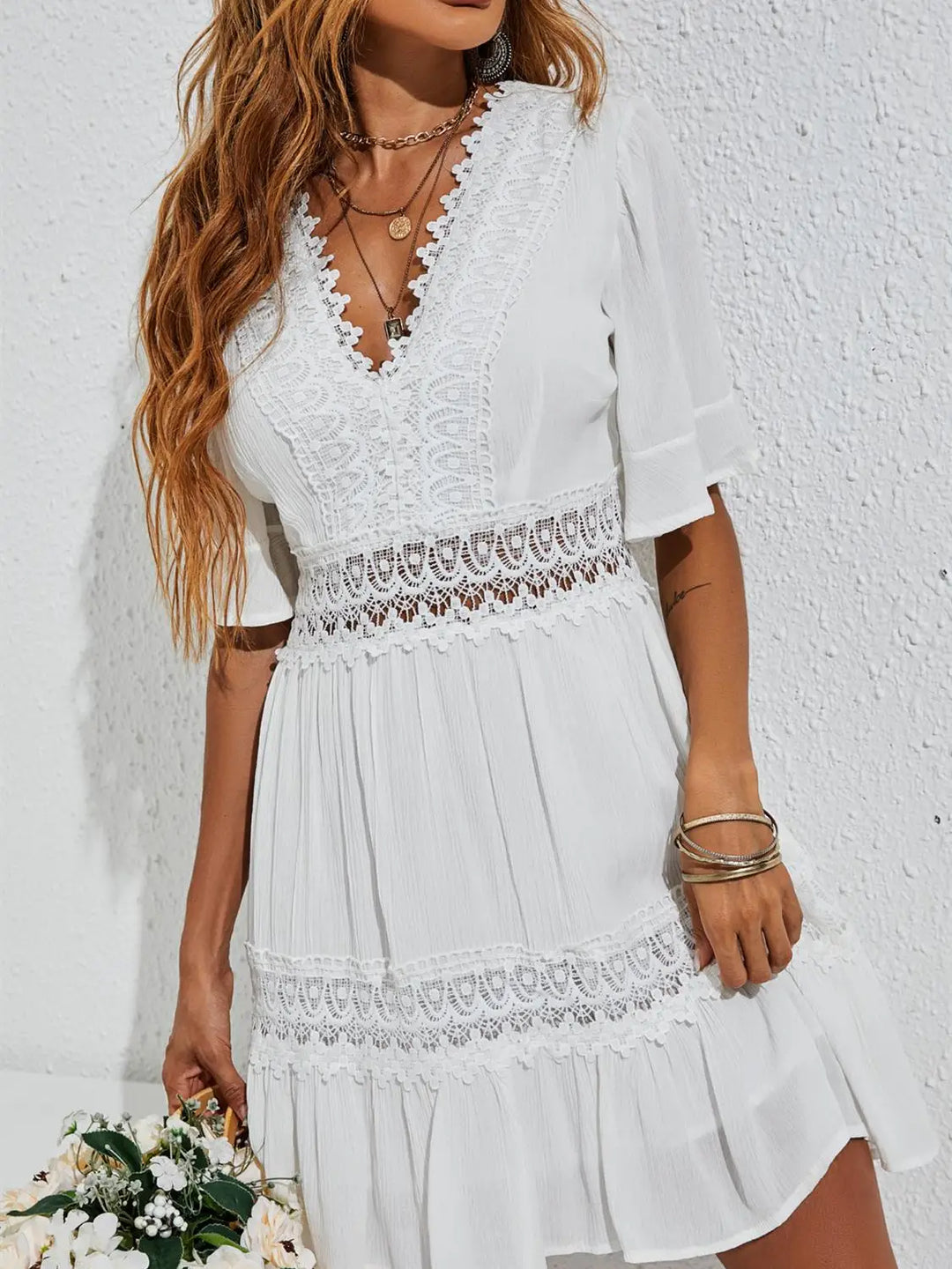 Eliza White V Neck Lace Short Sleeve Mini Dress