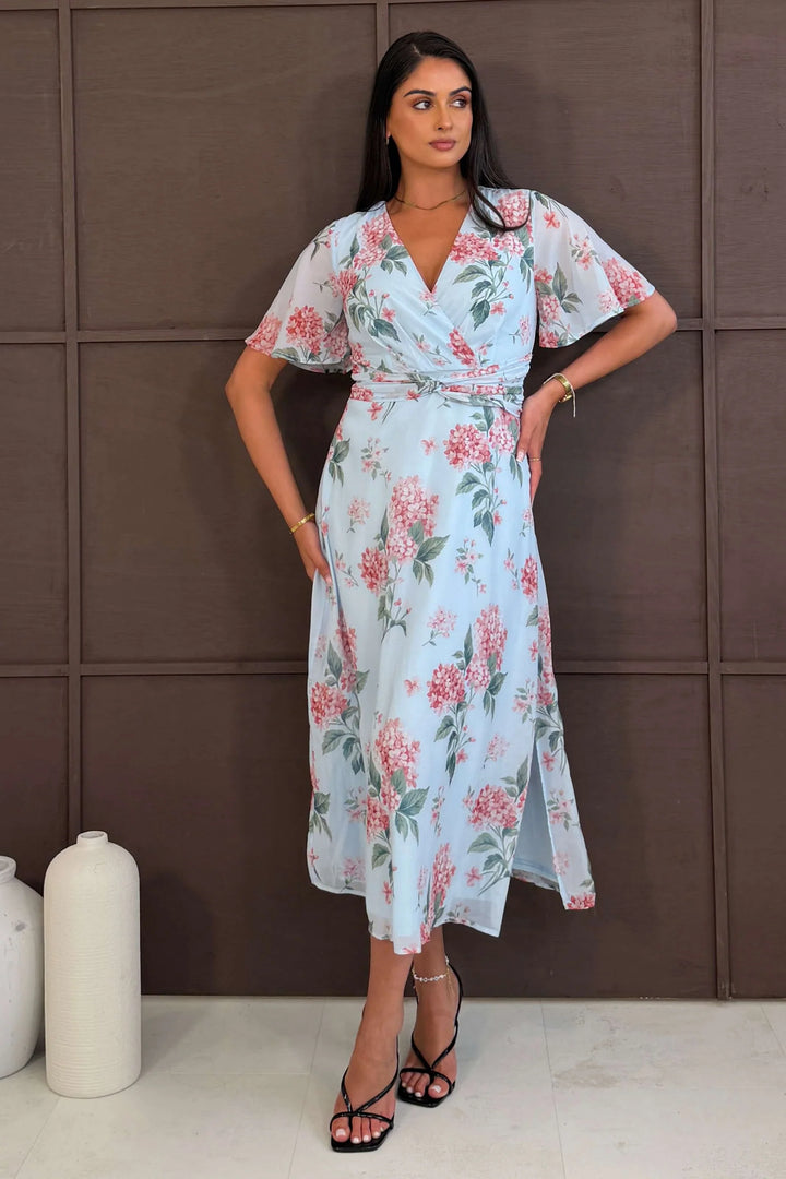 Daisy Light Blue Floral Wrap Neck Twist Detail Short Sleeve Midi Dress