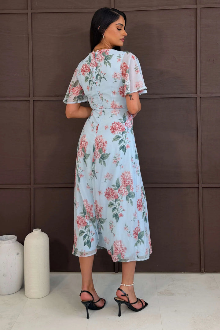 Daisy Light Blue Floral Wrap Neck Twist Detail Short Sleeve Midi Dress