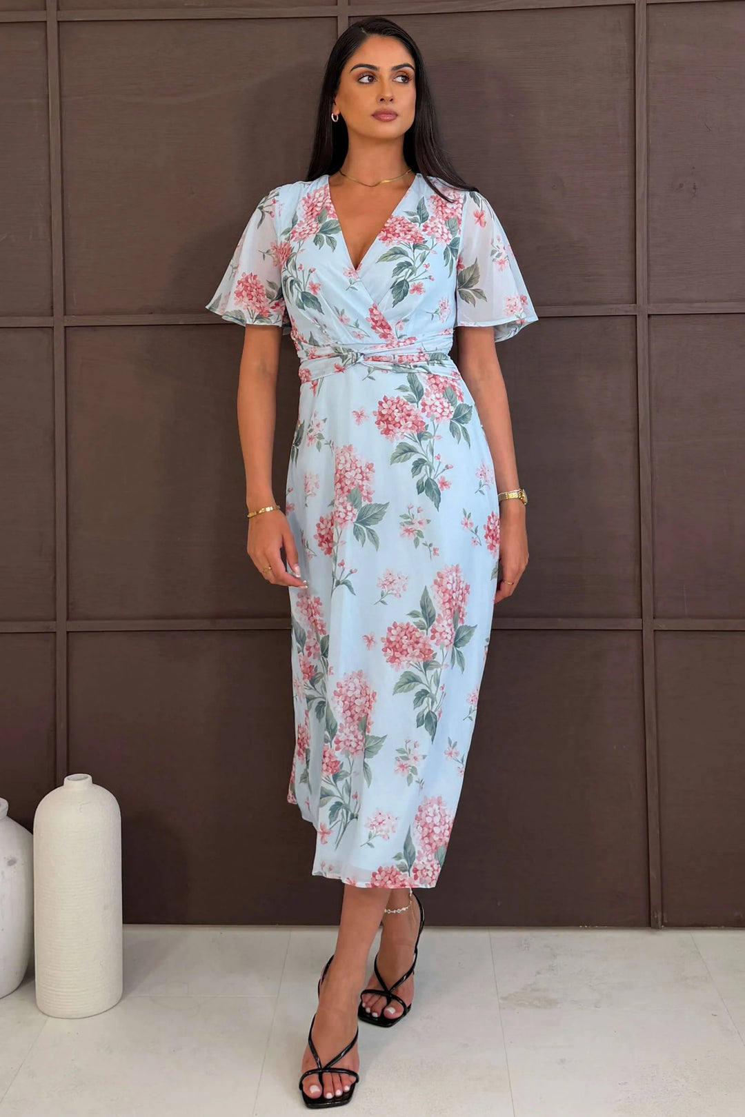 Daisy Light Blue Floral Wrap Neck Twist Detail Short Sleeve Midi Dress