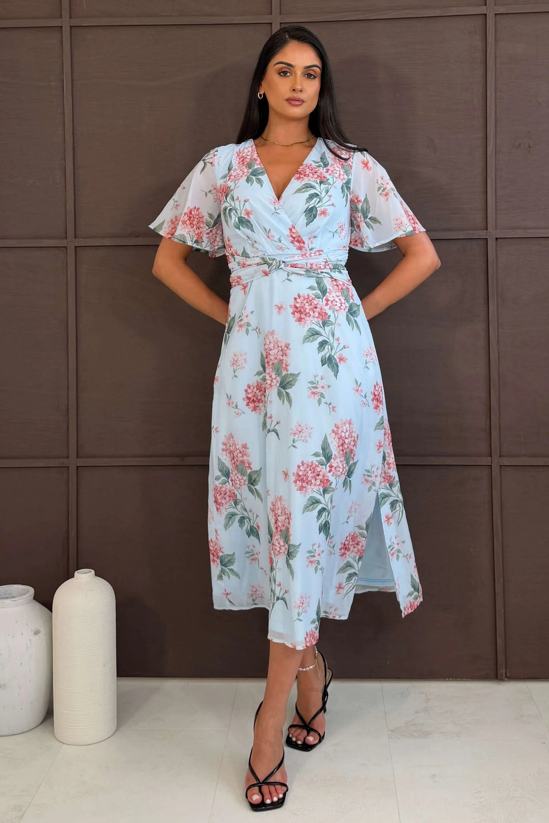 Daisy Light Blue Floral Wrap Neck Twist Detail Short Sleeve Midi Dress