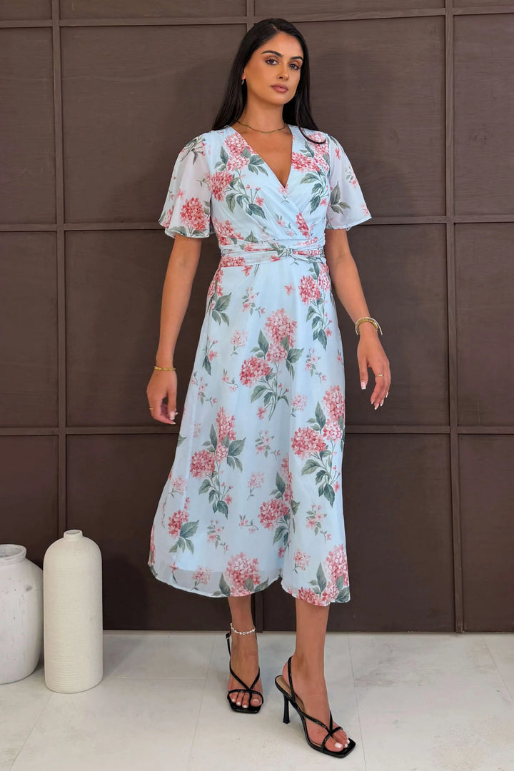 Daisy Light Blue Floral Wrap Neck Twist Detail Short Sleeve Midi Dress