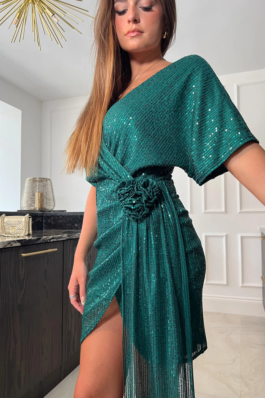 Deena Jade Green Corsage Sequin Mini Dress