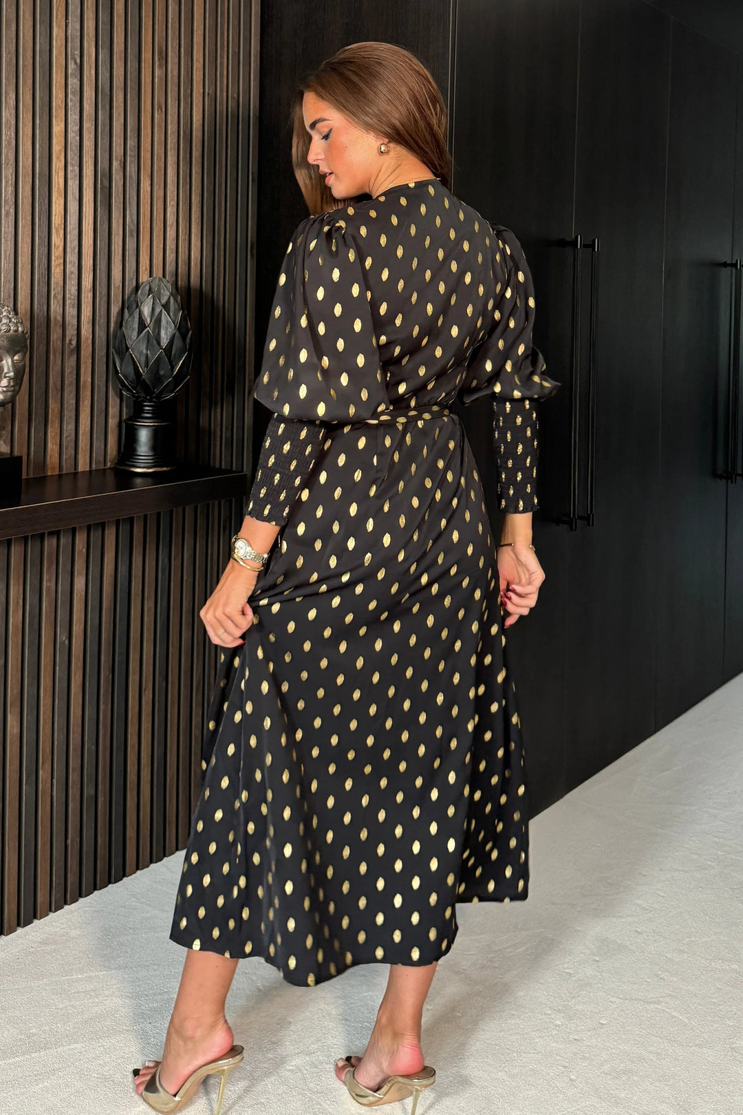 Devina Black And Gold Foil Shirred Cuff Wrap Midi Dress | LittleMadam Devina Black And Gold Foil Shirred Cuff Wrap Midi Dress | LittleMadam