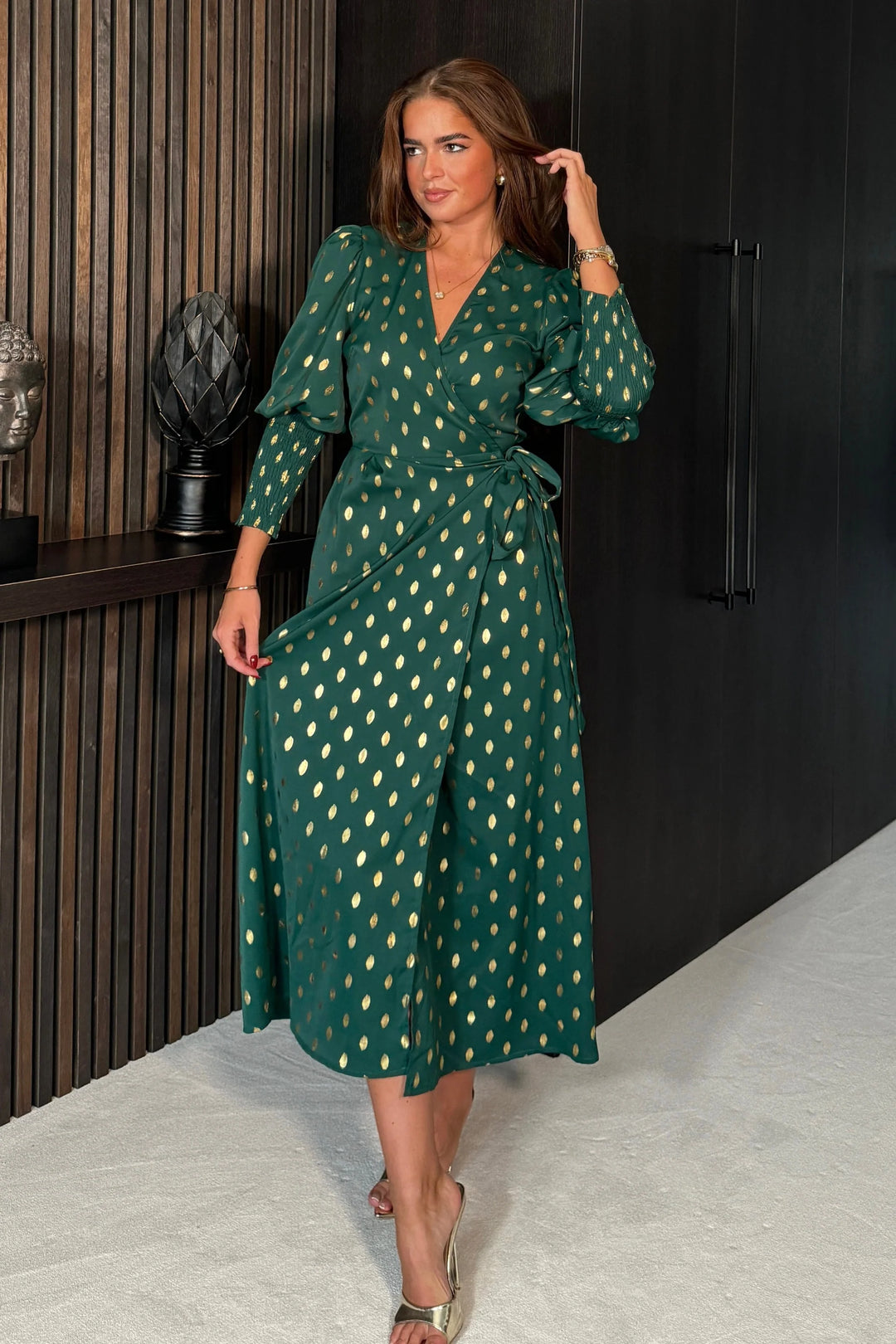 Devina Green And Gold Foil Shirred Cuff Wrap Dress | LittleMadam Devina Green And Gold Foil Shirred Cuff Wrap Dress | LittleMadam