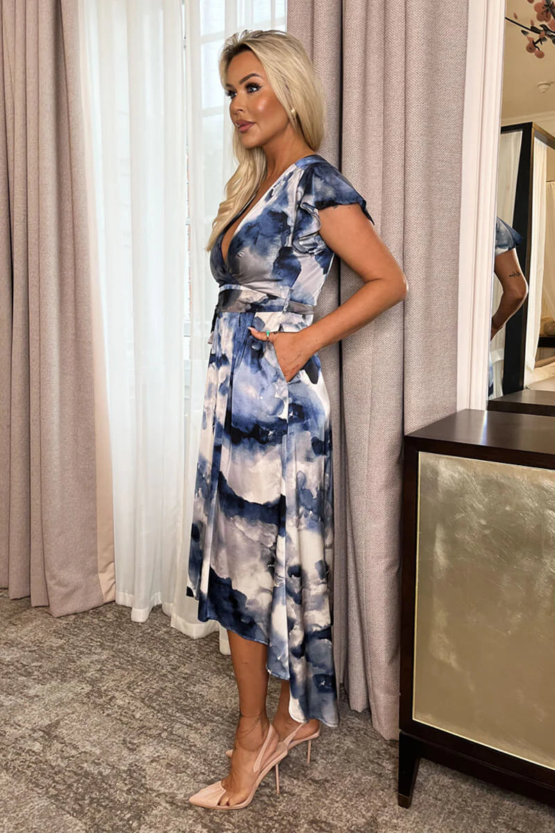 Dionne Blue Marble Print Short Sleeve Belted Wrap Midi Dress