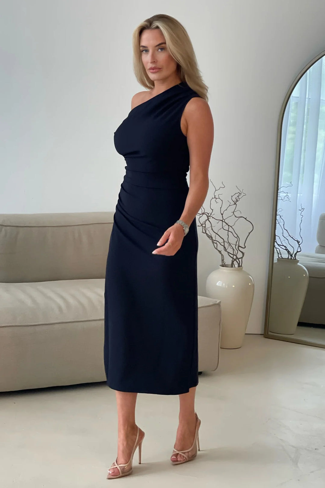 Donna Asymmetric Neckline Navy Midi Dress