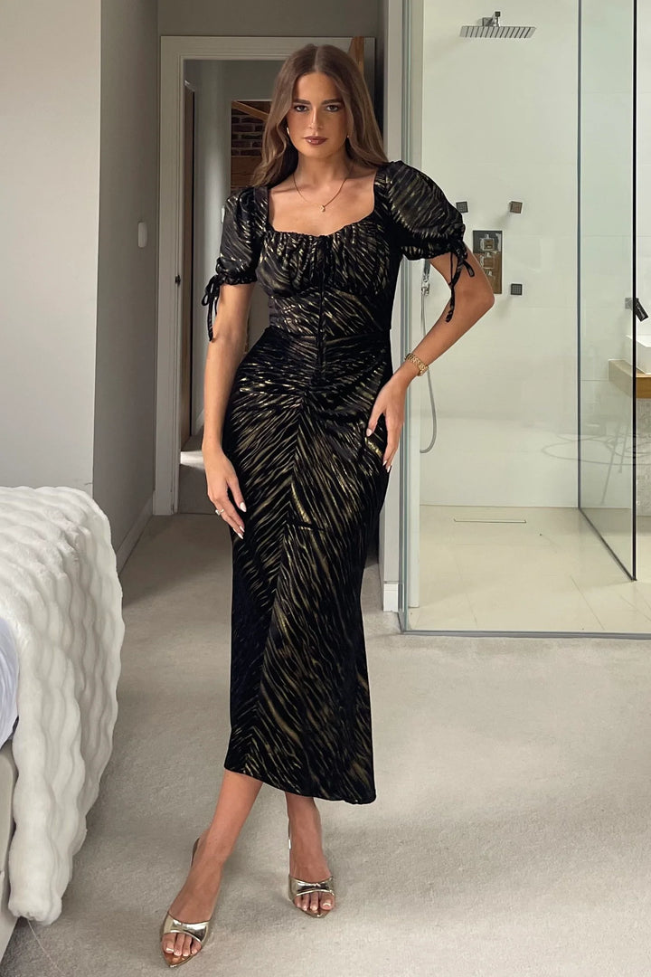 Dove Black And Gold Short Sleeve Ruched Detail Velvet Midi Dress