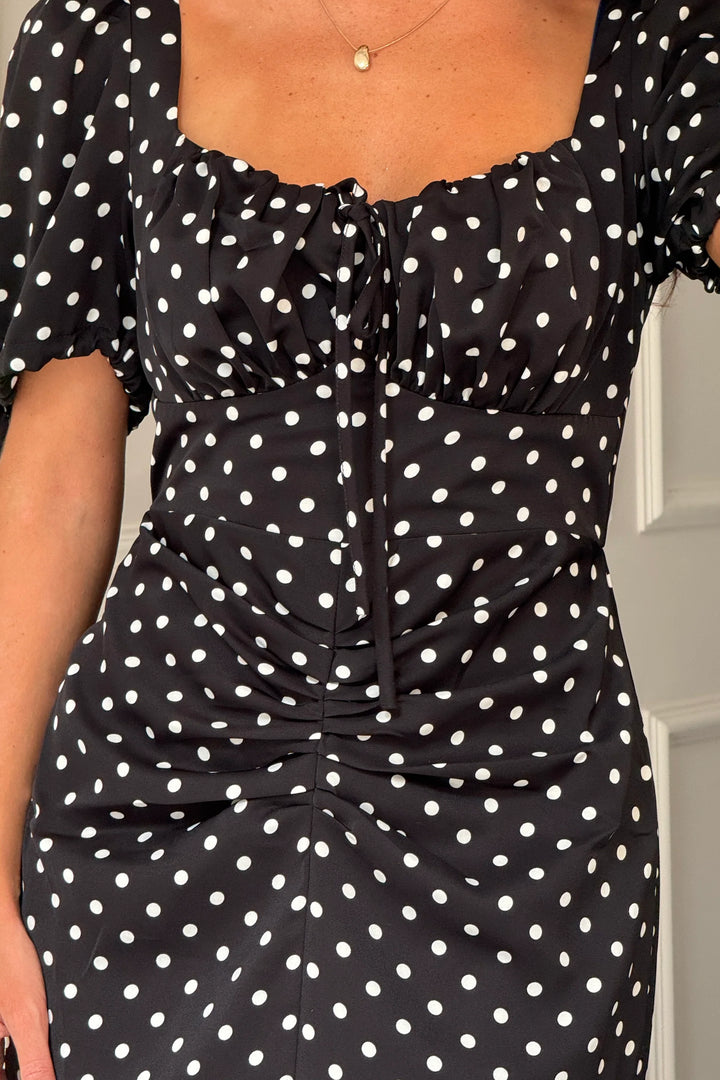 Dove Black Polka Dot Short Sleeve Ruched Detail Midi Dress