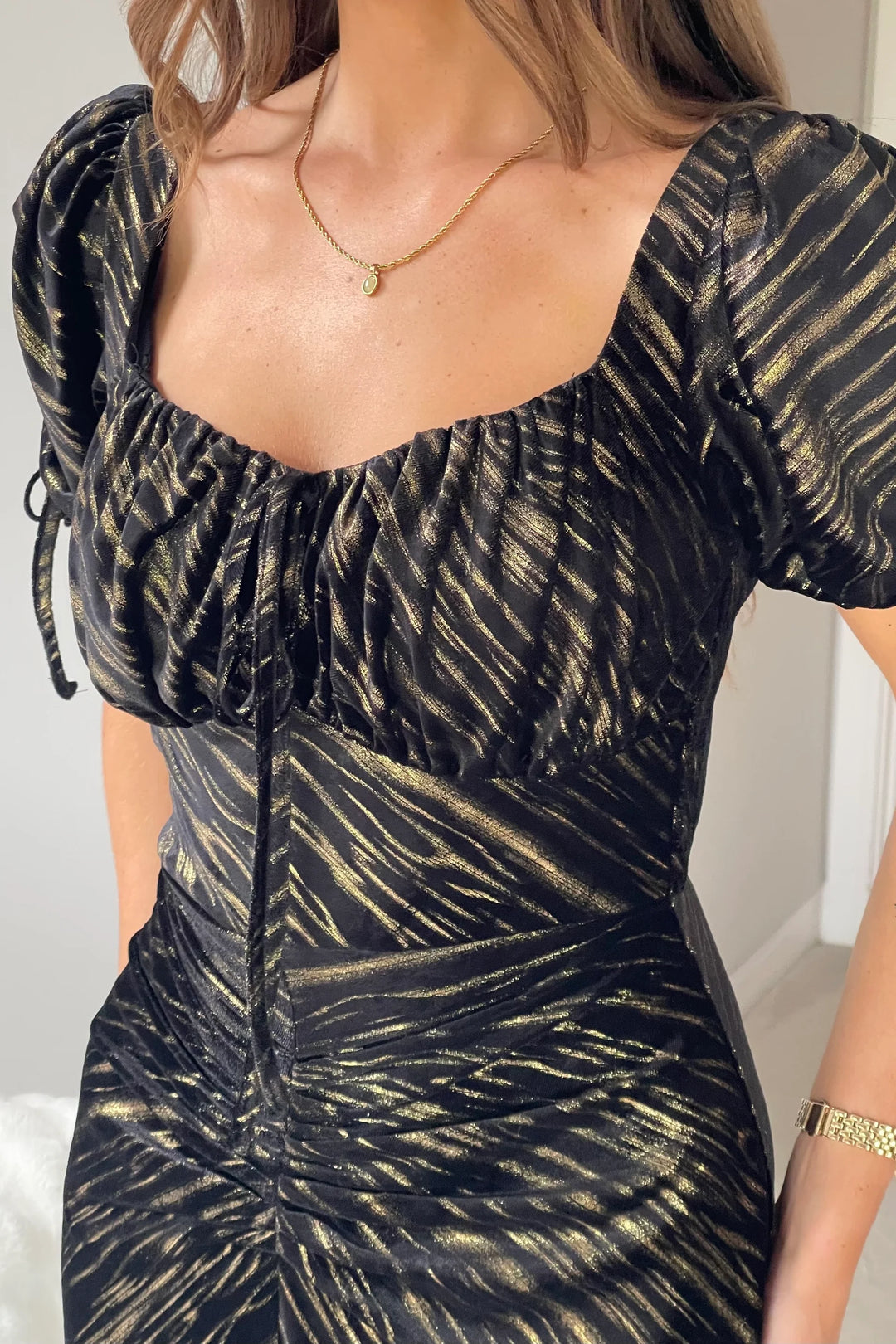 Dove Black And Gold Short Sleeve Ruched Detail Velvet Midi Dress