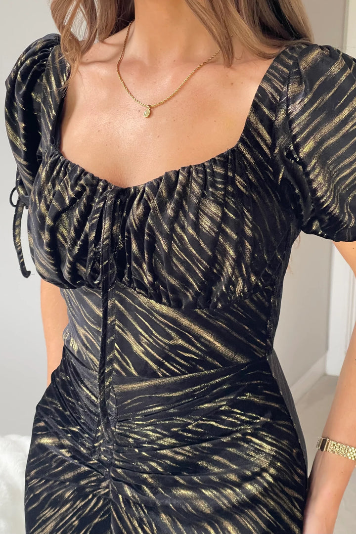 Dove Black And Gold Short Sleeve Ruched Detail Velvet Midi Dress