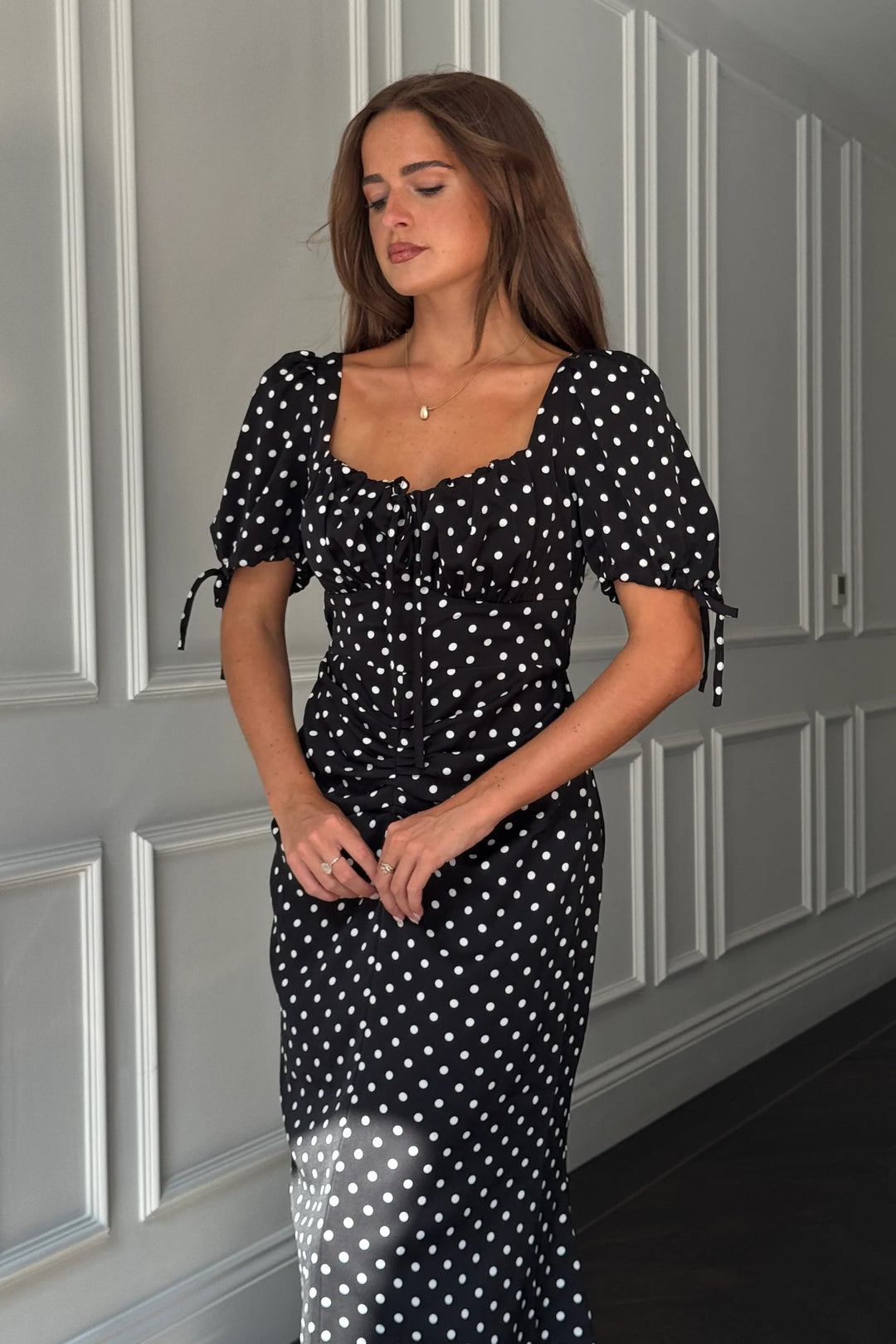Dove Black Polka Dot Short Sleeve Ruched Detail Midi Dress