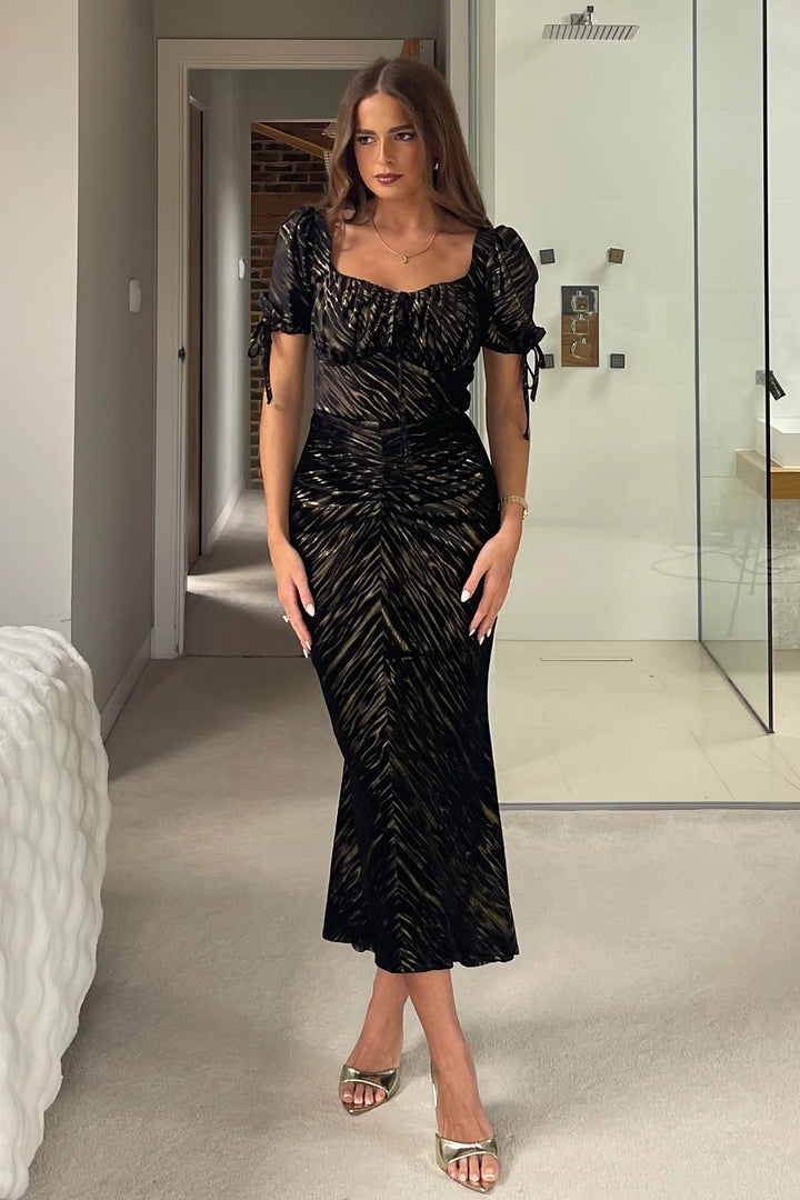 Dove Black And Gold Short Sleeve Ruched Detail Velvet Midi Dress