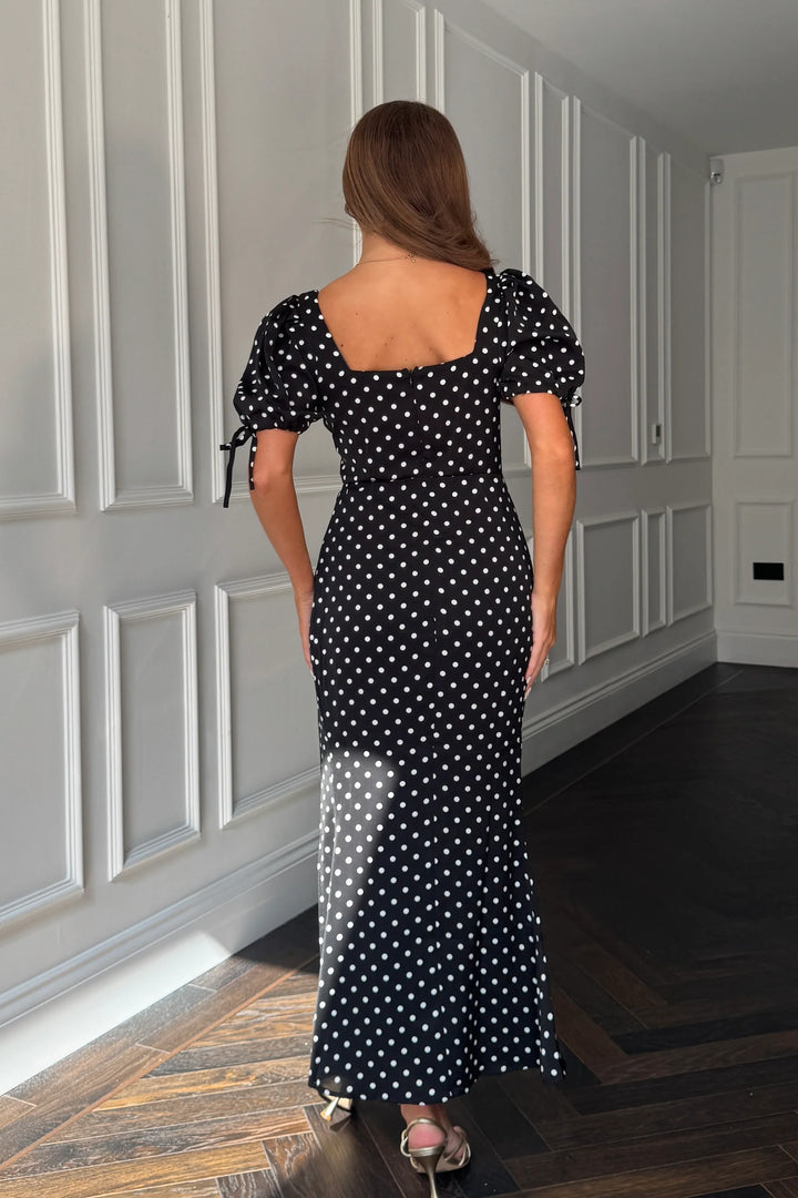 Dove Black Polka Dot Short Sleeve Ruched Detail Midi Dress