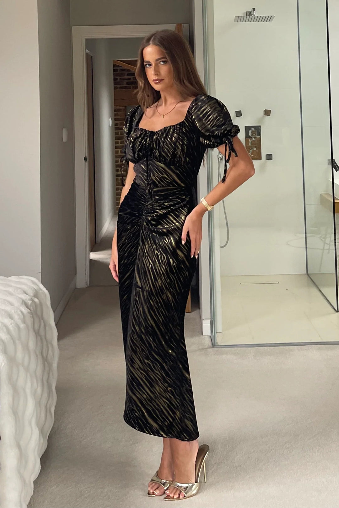 Dove Black And Gold Short Sleeve Ruched Detail Velvet Midi Dress