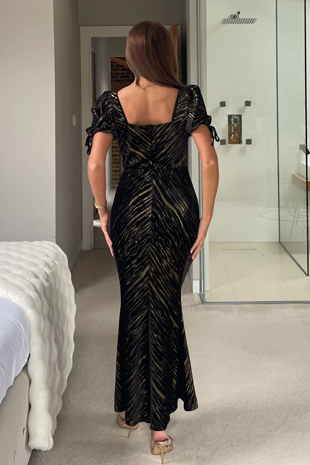 Dove Black And Gold Short Sleeve Ruched Detail Velvet Midi Dress