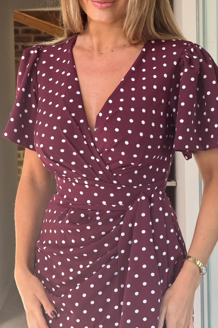 Drew Burgundy Polkadot Wrap Short Puff Sleeve Satin Midi Dress (PRE-ORDER TO SHIP 9TH OCT)